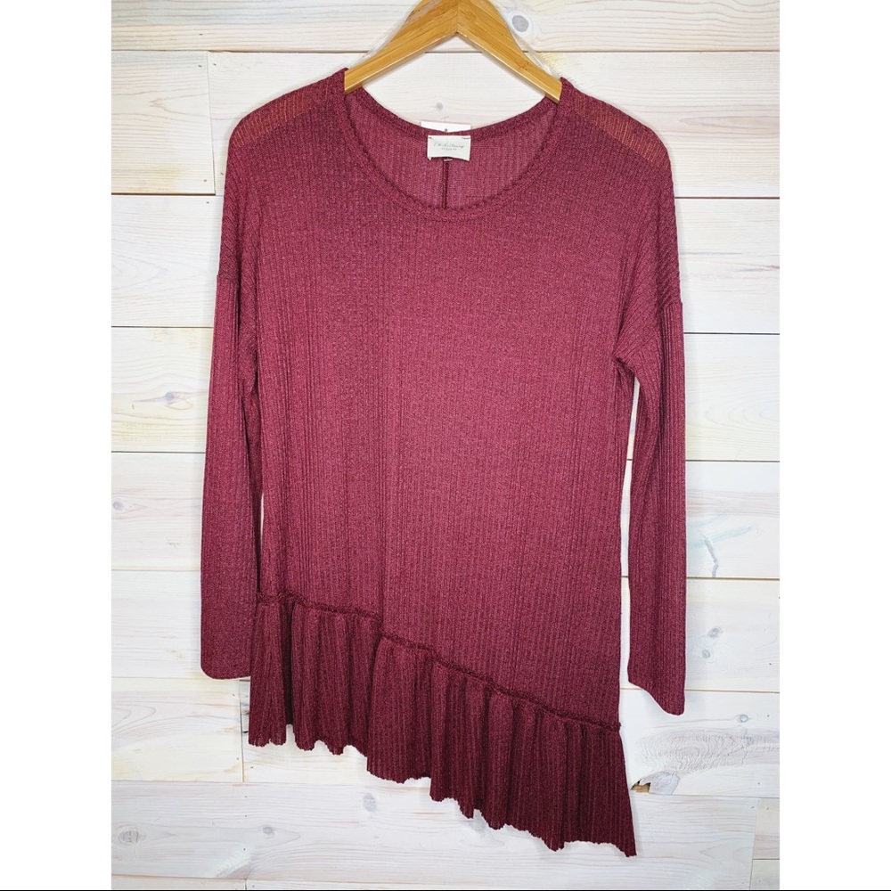 Burgundy Red Long Sleeve Asymmetrical Hem Blouse